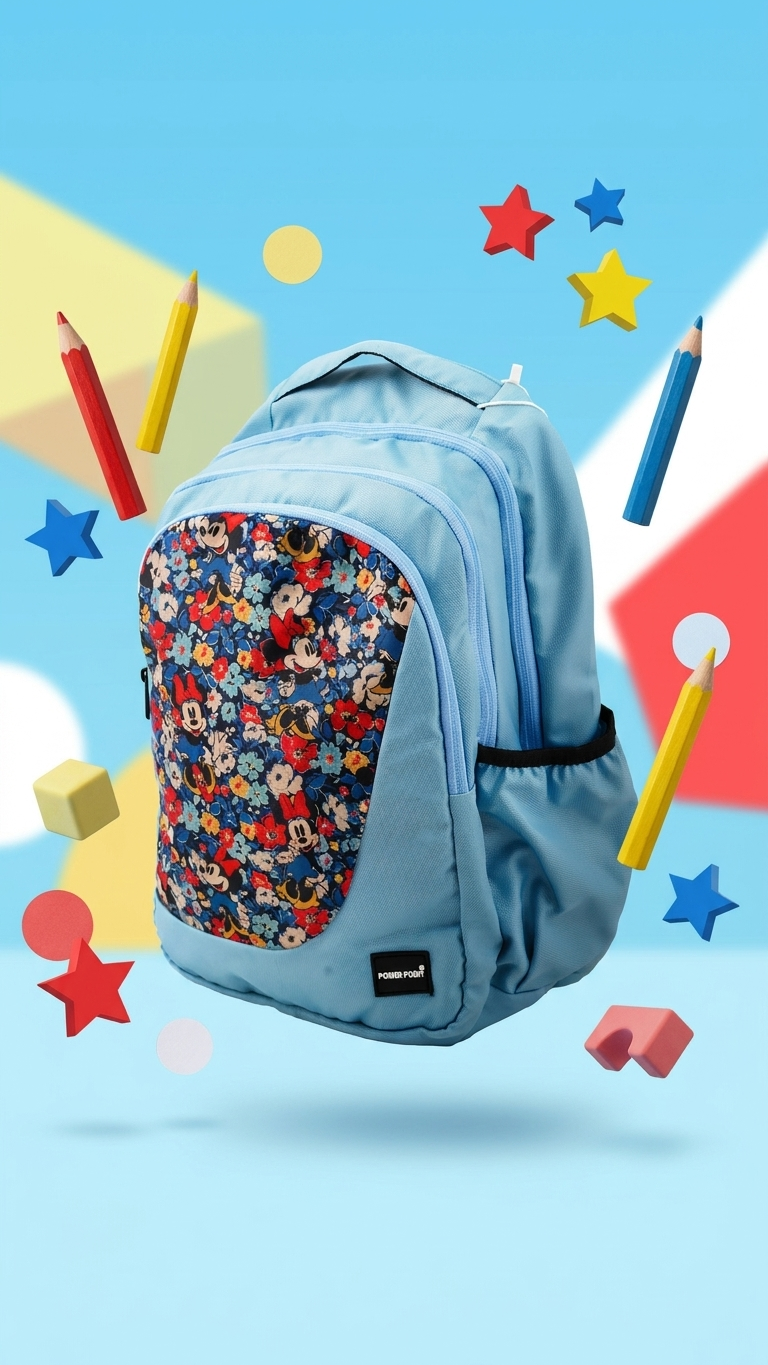 Tavra kids backpack floating with playful school accessories