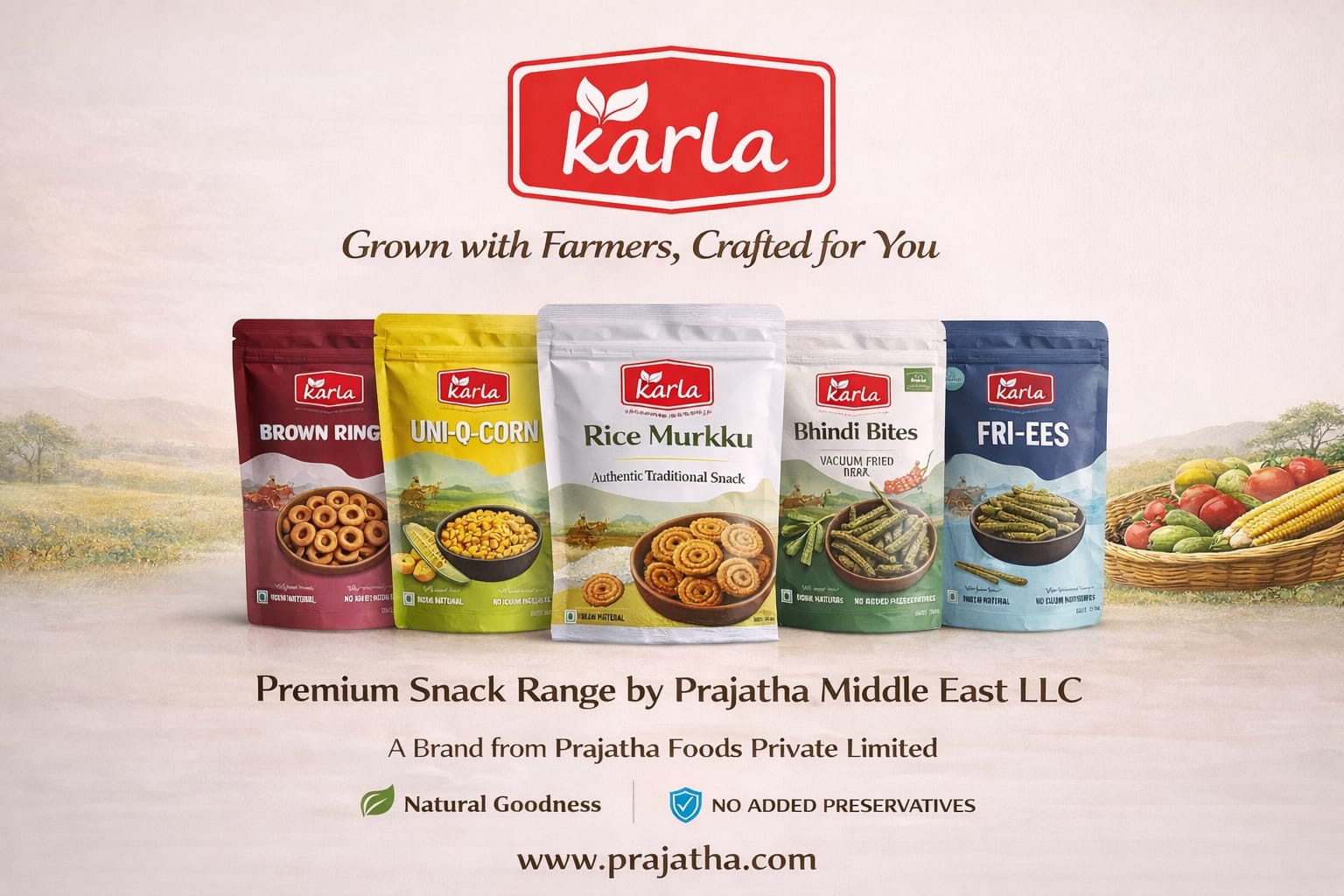 Karla premium snack lineup — Brown Rings, Uni-Q-Corn, Rice Murkku, Bhindi Bites and Fri-Ees